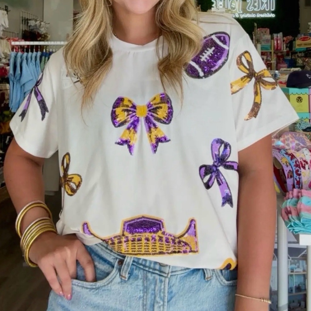 LSU White T-Shirt with Purple and Gold Bow Design